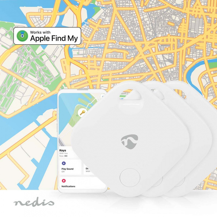 Nedis Keyfinder | Geschikt voor: Apple Find My App | Batterij Gevoed | 3x CR2032 | Incl. batterij(en) | Bluetooth® versie: 5.1 | Batterijlevensduur tot: 1 Jaar | Wit | 3 Stuks