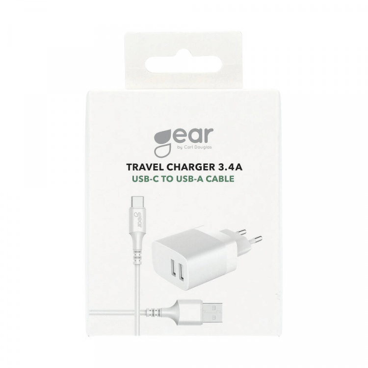 Charger 220V 2xUSB-A 3.4A White USB-C 2.0 Cable 1m