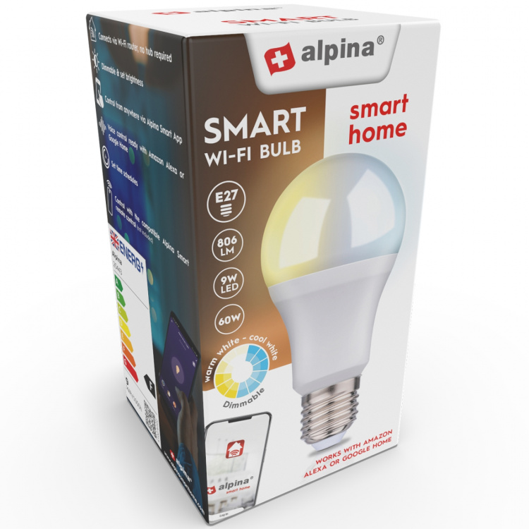 Alpina WiFi Slimme E27 LED Warm/Koud Wit 9W 806 lm Alpina WiFi Slimme E27 LED Warm/Koud Wit 9W 806 lm