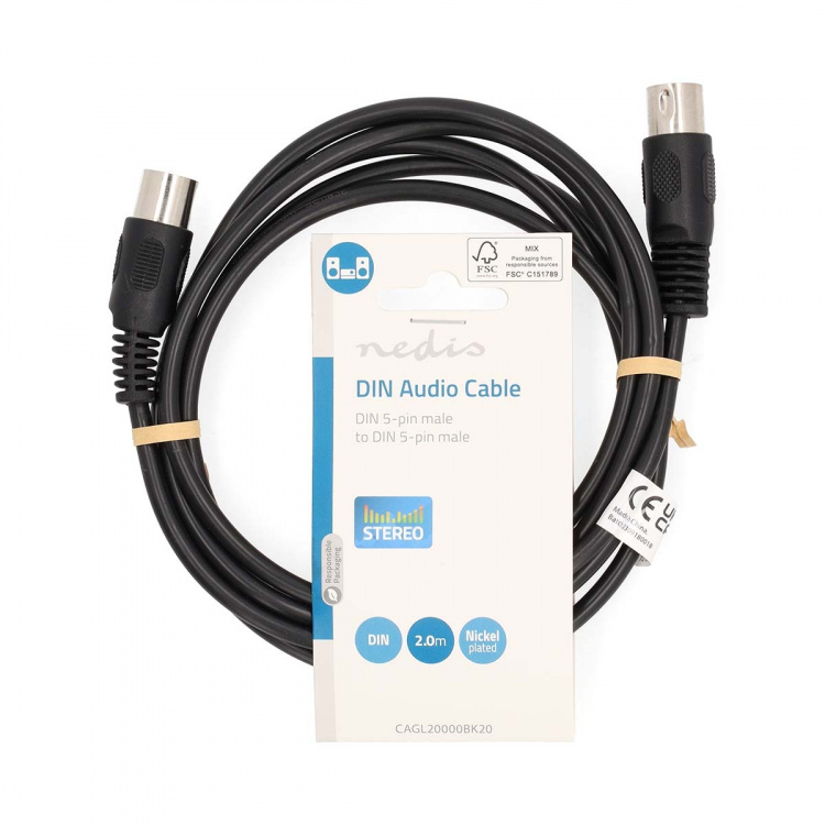 Nedis DIN-Audiokabel | DIN 5-Pins Male | DIN 5-Pins Male | Vernikkeld | 2.00 m | Rond | PVC | Zwart | Label