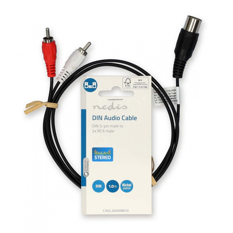 Nedis DIN-Audiokabel | DIN 5-Pins Male | 2x RCA Male | Vernikkeld | 1.00 m | Rond | PVC | Zwart | Label