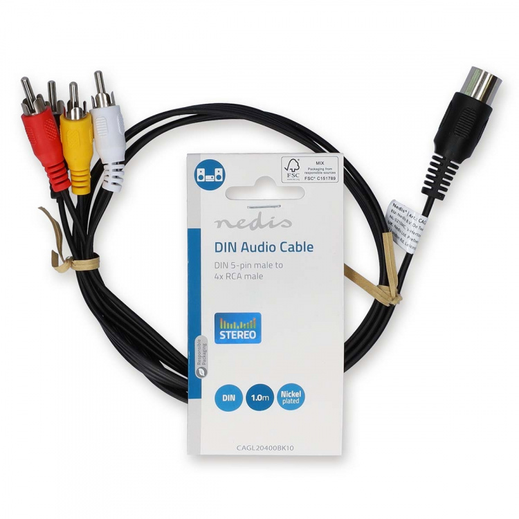 Nedis DIN-Audiokabel | DIN 5-Pins Male | 4x RCA Male | Vernikkeld | 1.00 m | Rond | PVC | Zwart | Label