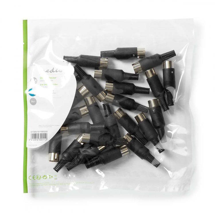 Nedis DIN-Connector | Recht | Male | Vernikkeld | Twist-On | Diameter kabelinvoer: 6.0 mm | Polyvinylchloride (PVC) | Zwart | 25 Stuks | Polybag