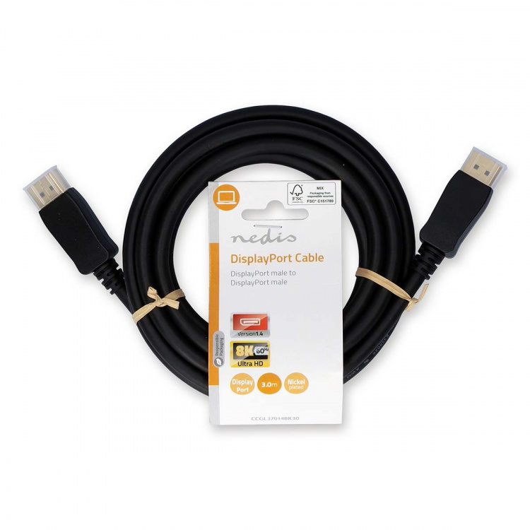 Nedis DisplayPort-Kabel | DisplayPort Male | DisplayPort Male | 8K@60Hz | Verguld | 3.00 m | Rond | PVC | Zwart | Label