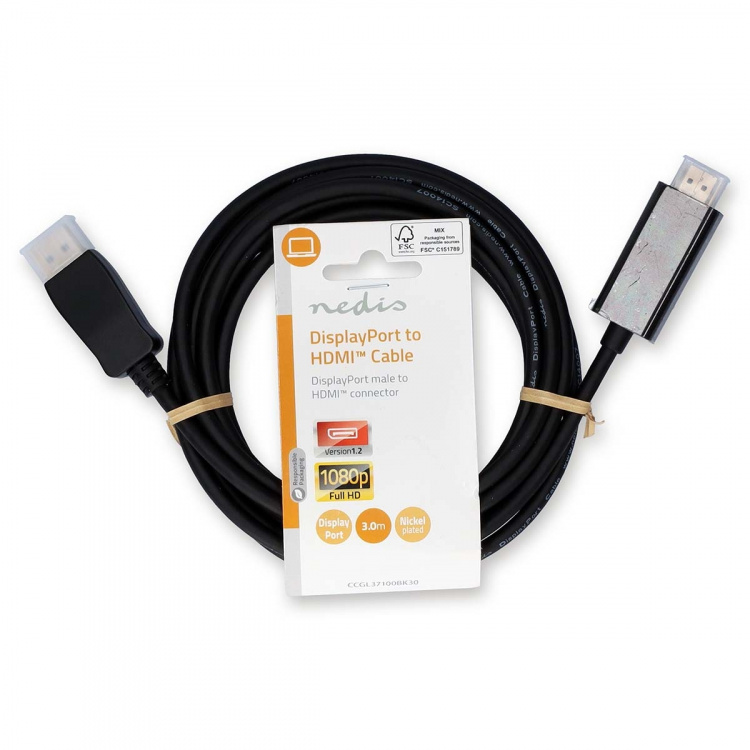 Nedis DisplayPort-Kabel | DisplayPort Male | HDMI™ Connector | 1080p | Vernikkeld | 3.00 m | Rond | PVC | Zwart | Label Nedis DisplayPort-Kabel | DisplayPort Male | HDMI™ Connector | 1080p | Vernikkeld | 3.00 m | Rond | PVC | Zwart | Label