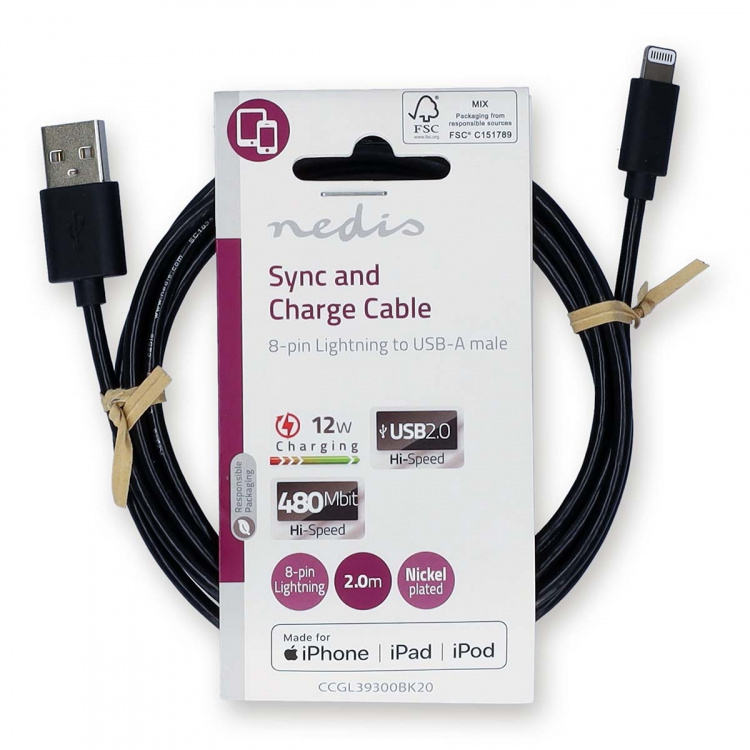 Nedis Lightning Kabel | USB 2.0 | Apple Lightning 8-Pins | USB-A Male | 480 Mbps | Vernikkeld | 2.00 m | Rond | PVC | Zwart | Label