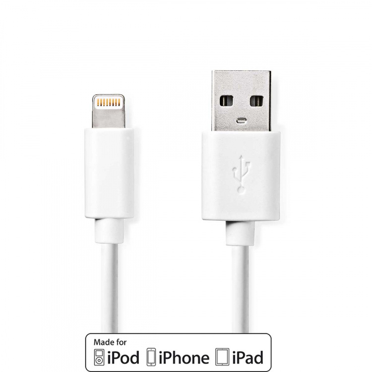 Nedis Lightning Kabel | USB 2.0 | Apple Lightning 8-Pins | USB-A Male | 480 Mbps | Vernikkeld | 1.00 m | Rond | PVC | Wit | Label