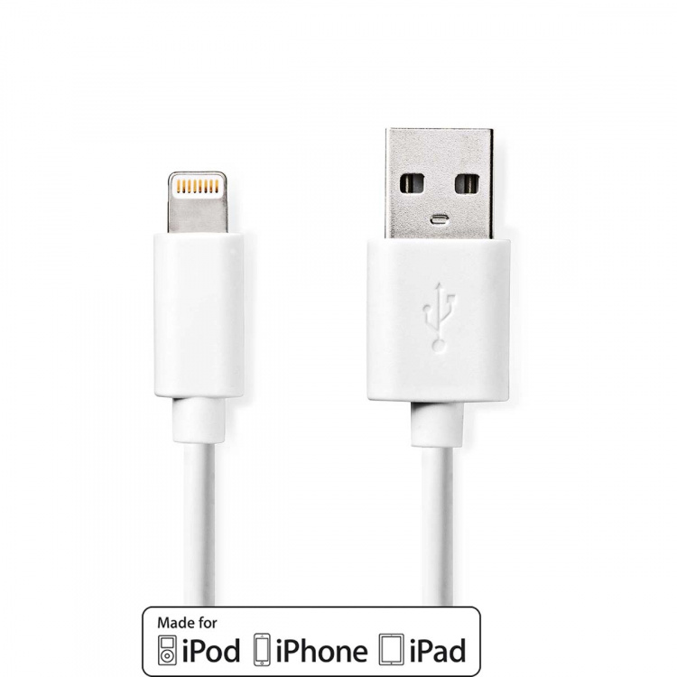 Nedis Lightning Kabel | USB 2.0 | Apple Lightning 8-Pins | USB-A Male | 480 Mbps | Vernikkeld | 2.00 m | Rond | PVC | Wit | Label Nedis Lightning Kabel | USB 2.0 | Apple Lightning 8-Pins | USB-A Male | 480 Mbps | Vernikkeld | 2.00 m | Rond | PVC | Wit | Label