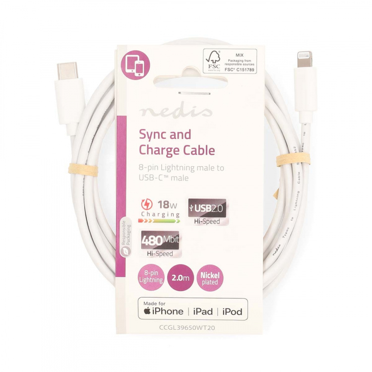 Nedis Lightning Kabel | USB 2.0 | Apple Lightning 8-Pins | USB-C™ Male | 480 Mbps | Vernikkeld | 2.00 m | Rond | PVC | Wit | Label