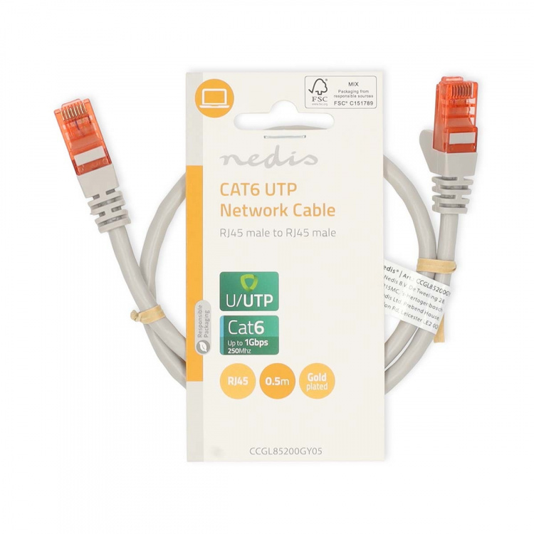 Nedis CAT6 Netwerkkabel | RJ45 Male | RJ45 Male | U/UTP | 0.50 m | Rond | PVC | Grijs | Label