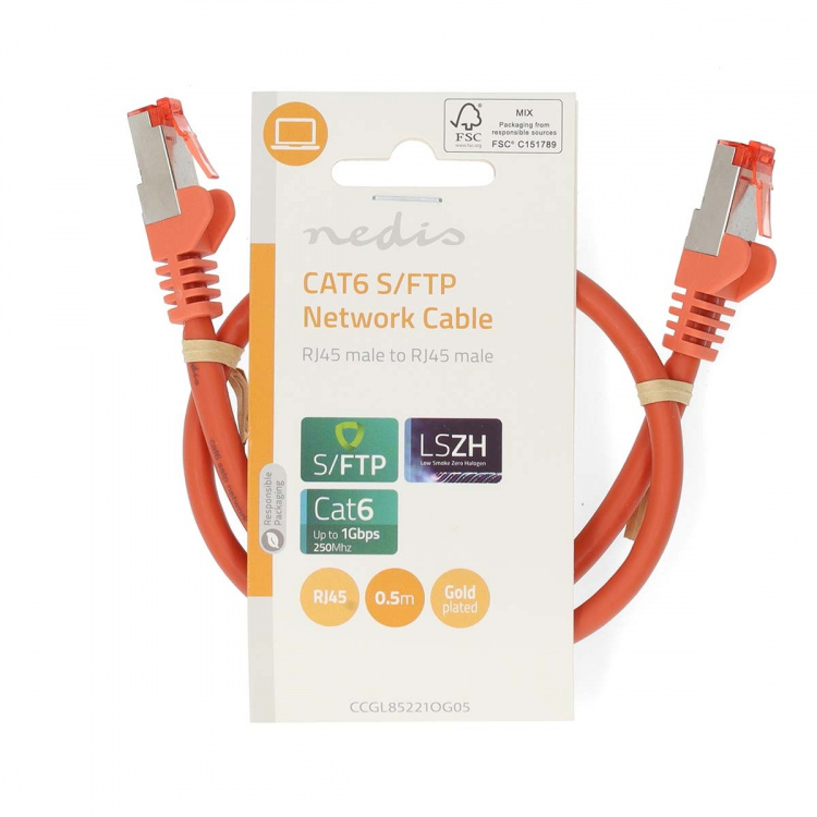 Nedis CAT6 Netwerkkabel | RJ45 Male | RJ45 Male | S/FTP | 0.50 m | Rond | LSZH | Oranje | Label Nedis CAT6 Netwerkkabel | RJ45 Male | RJ45 Male | S/FTP | 0.50 m | Rond | LSZH | Oranje | Label