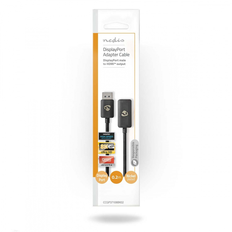 Nedis DisplayPort-Adapter | DisplayPort Male | HDMI™ Output | 8K@30Hz | Vernikkeld | Recht | 0.20 m | Rond | TPE | PVC | Zwart | Envelop