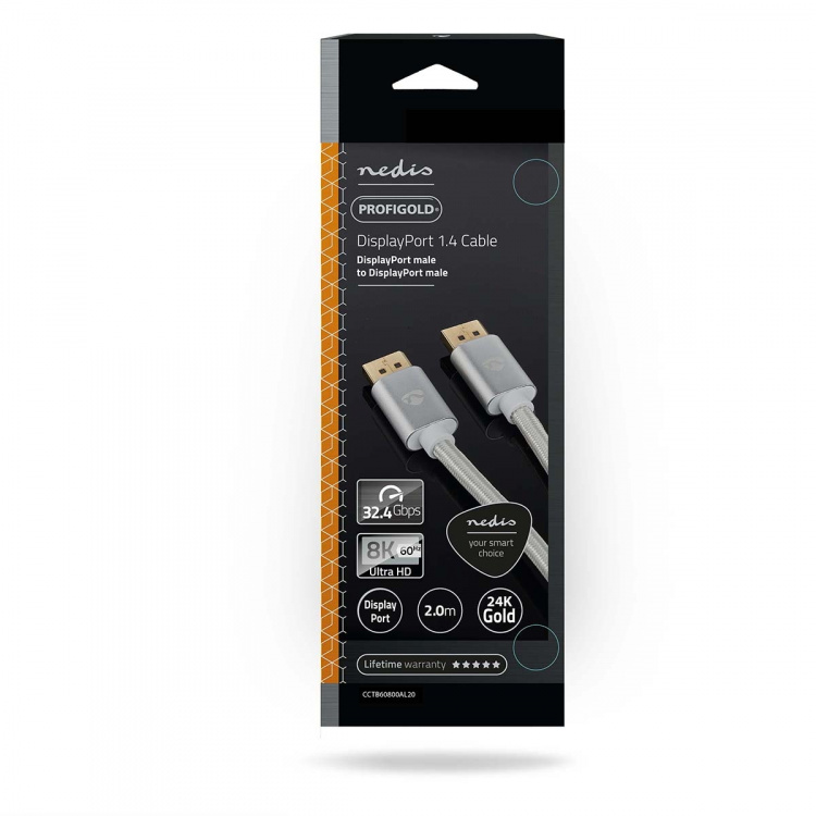 Nedis DisplayPort-Kabel | DisplayPort Male | DisplayPort Male | 8K@60Hz | Verguld | 2.00 m | Rond | Gevlochten | Zilver | Cover Window Box