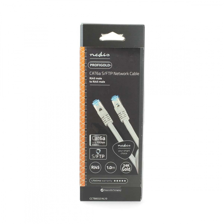 Nedis CAT6a netwerkkabel | S/FTP | RJ45 Male | RJ45 Male | 1.00 m | Snagless | Rond | Gevlochten / PVC | Zilver | Cover Window Box Nedis CAT6a netwerkkabel | S/FTP | RJ45 Male | RJ45 Male | 1.00 m | Snagless | Rond | Gevlochten / PVC | Zilver | Cover Window Box