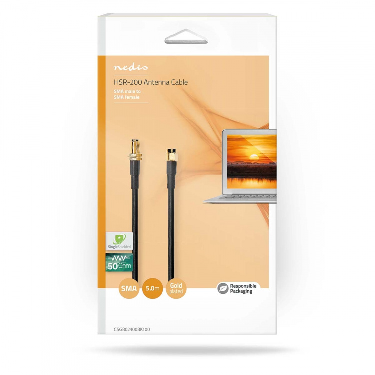 Nedis Antennekabel | SMA Male | SMA Female | Verguld | 50 Ohm | Dubbel Afgeschermd | 10.0 m | Rond | PVC | Zwart | Doos