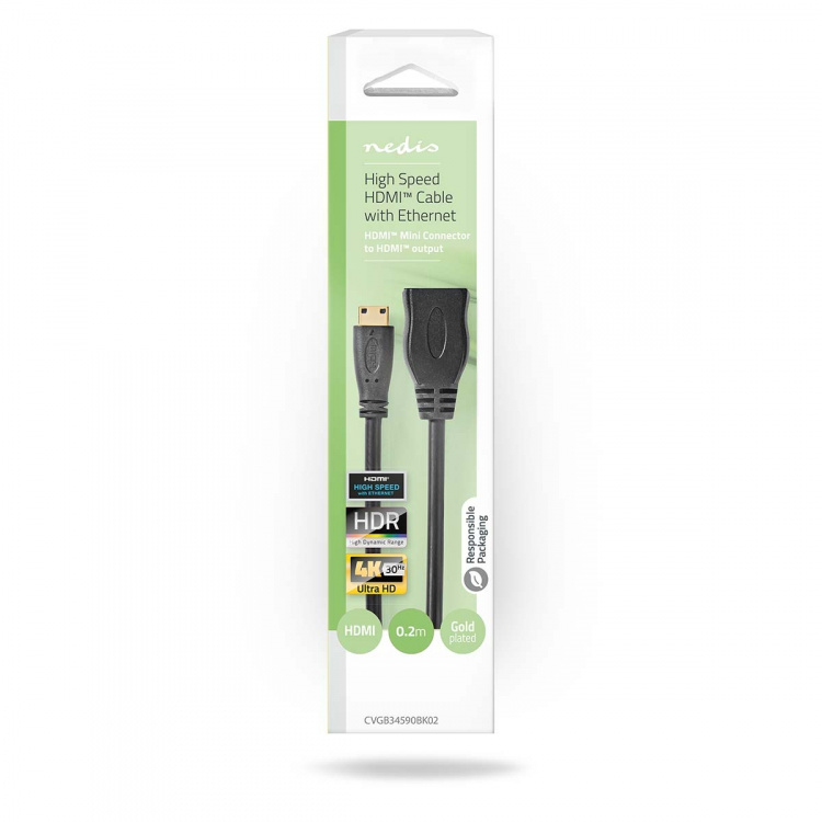 Nedis High Speed ​​HDMI™-Kabel met Ethernet | HDMI™ Mini-Connector | HDMI™ Output | 4K@30Hz | 10.2 Gbps | 0.20 m | Rond | PVC | Zwart | Doos