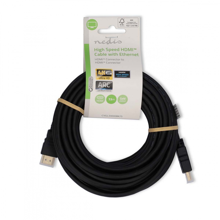 Nedis High Speed ​​HDMI™-Kabel met Ethernet | HDMI™ Connector | HDMI™ Connector | 4K@30Hz | ARC | 10.2 Gbps | 7.50 m | Rond | PVC | Zwart | Label