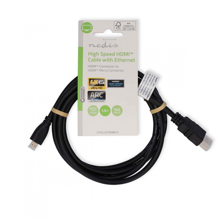 Nedis High Speed ​​HDMI™-Kabel met Ethernet | HDMI™ Connector | HDMI™ Micro-Connector | 4K@30Hz | 10.2 Gbps | 1.50 m | Rond | PVC | Zwart | Label