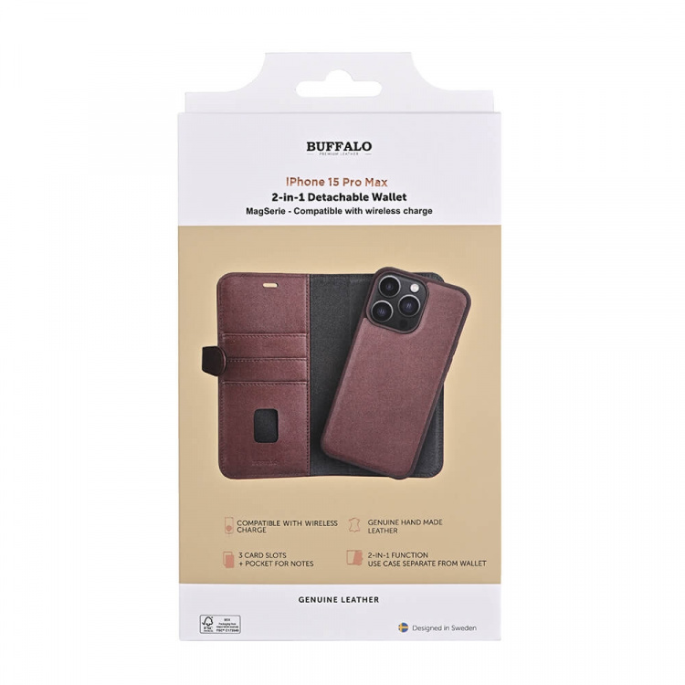 BUFFALO Mobilfodral 2-i-1 3 Kort MagSeries Brun - iPhone 15 Pro Max
