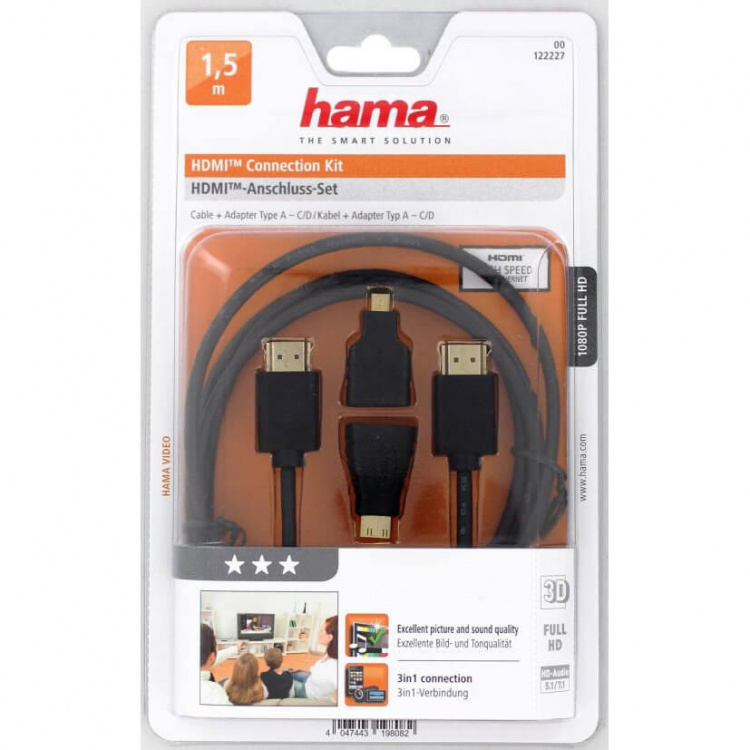 HAMA Kabel HDMI Ethernet Adapter 1xHDMI-1xMicro 1xMini Guld 1.5m HAMA Kabel HDMI Ethernet Adapter 1xHDMI-1xMicro 1xMini Guld 1.5m
