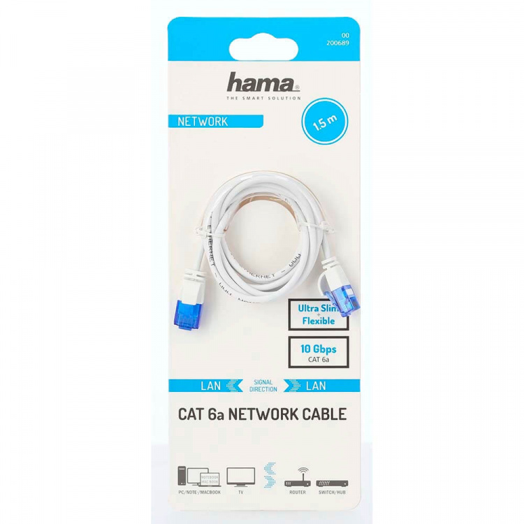 Hama Nätverkskabel CAT6a Slim U/UTP 1,5m Vit Hama Nätverkskabel CAT6a Slim U/UTP 1,5m Vit