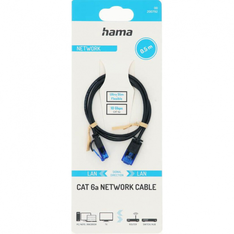 Hama Nätverkskabel CAT6a Slim U/UTP 0,50m Svart