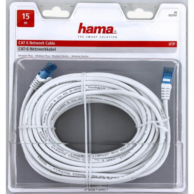 HAMA Kabel Nätverk CAT6 UTP Blister Vit 15m HAMA Kabel Nätverk CAT6 UTP Blister Vit 15m