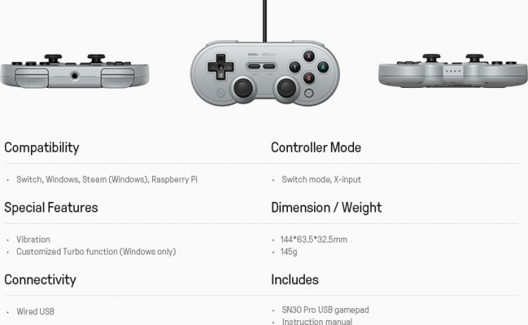 8BitDo SN30 Pro USB Game Controller, Grey, Switch / PC