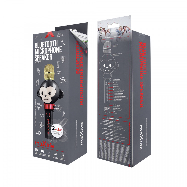 Maxlife Animal MX-100 - Bluetooth karaokemicrofoon met ingebouwde luidspreker, zwart
