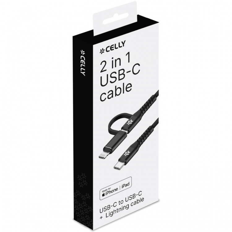 Celly 2-i-1-kabel USB-C - USB-C/Lightning 100W 2m Svart