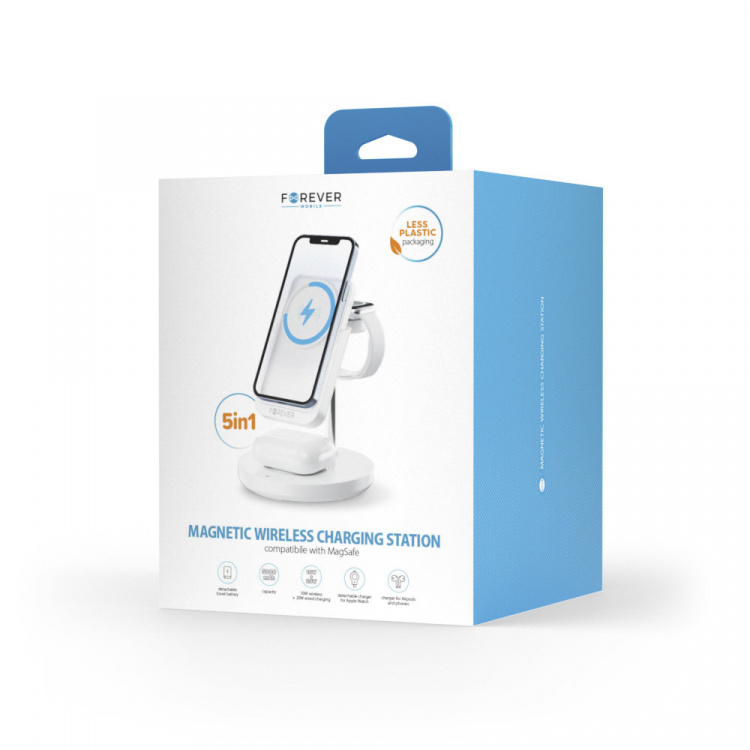 Forever MACS-100 - 5in1 Draadloos Oplaadstation met Draagbare Qi Powerbank 5000mAh, Wit