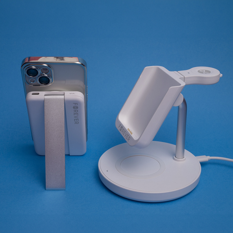 Forever MACS-100 - 5in1 Draadloos Oplaadstation met Draagbare Qi Powerbank 5000mAh, Wit