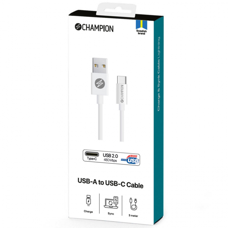 Champion USB-A till USB-C Kabel 3m Vit Champion USB-A till USB-C Kabel 3m Vit