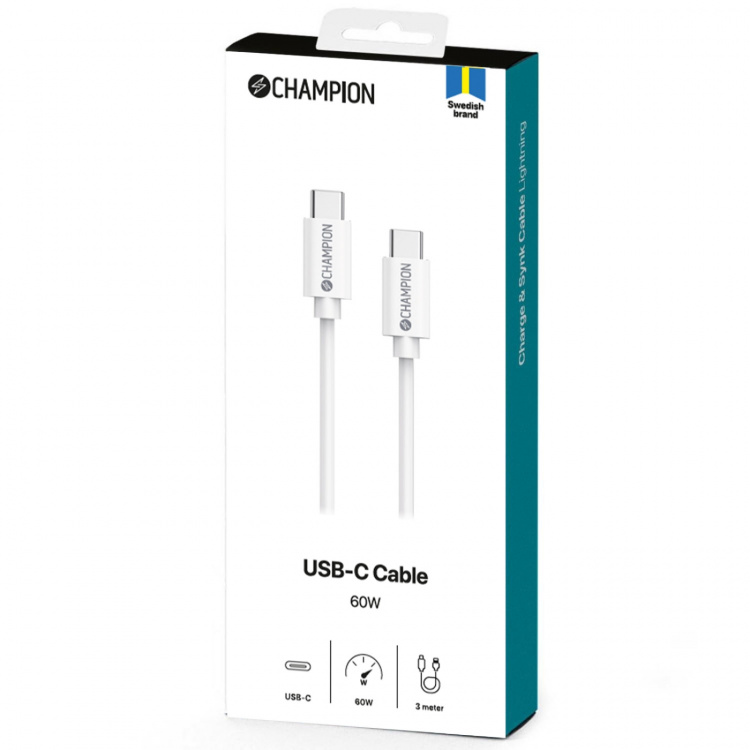 Champion USB-C Kabel 60W 3m Vit Champion USB-C Kabel 60W 3m Vit