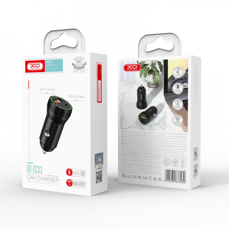 Xo CC33 - Autolader PD QC 3.0, 18W, 1x USB, 1x USB-C, Zwart Xo CC33 - Autolader PD QC 3.0, 18W, 1x USB, 1x USB-C, Zwart