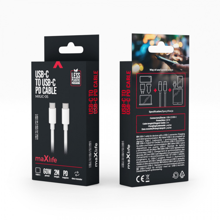 Maxlife MXUC-05 Oplaadkabel USB-C - USB-C, 2m 60W, wit Maxlife MXUC-05 Oplaadkabel USB-C - USB-C, 2m 60W, wit