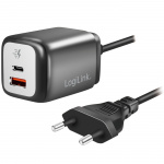 LogiLink USB-laddare 1xUSB-A + 1xUSB-C med fast kabel 1,5m GaN 30W