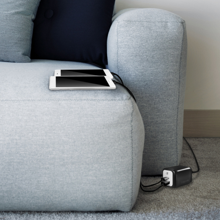 LogiLink USB-laddare 1xUSB-A + 1xUSB-C med fast kabel 1,5m GaN 30W