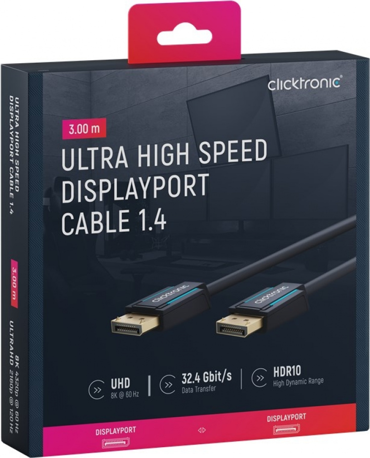 ClickTronic DisplayPort™-kabel Premium kabel | 1x DisplayPort™ stekker 1x DisplayPort™ stekker | 3,0 m | UHD 8K @ 60 Hz ClickTronic DisplayPort™-kabel Premium kabel | 1x DisplayPort™ stekker 1x DisplayPort™ stekker | 3,0 m | UHD 8K @ 60 Hz