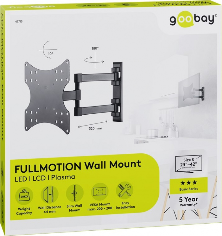 Goobay TV-beugel Basic FULLMOTION (S) voor televisies van 23 tot 42 inch (58-107 cm), volledig beweegbaar dubbel armgewricht (draaien en kantelen) tot 20 kg Goobay TV-beugel Basic FULLMOTION (S) voor televisies van 23 tot 42 inch (58-107 cm), volledig beweegbaar dubbel armgewricht (draaien en kantelen) tot 20 kg