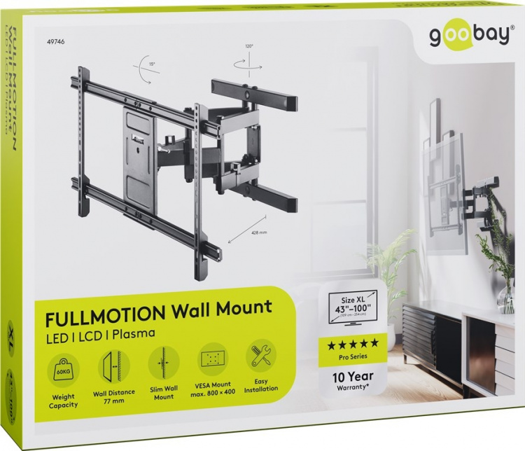Goobay TV-beugel Pro FULLMOTION (XL) voor tv\'s van 43 tot 100 inch (109-254 cm), full-motion (draaien en kantelen) tot 60 kg