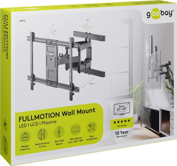 Goobay TV-beugel Pro FULLMOTION (L) voor televisies van 37 tot 70 inch (94-178 cm), volledig beweegbaar (draaibaar en kantelbaar) tot 60 kg Goobay TV-beugel Pro FULLMOTION (L) voor televisies van 37 tot 70 inch (94-178 cm), volledig beweegbaar (draaibaar en kantelbaar) tot 60 kg
