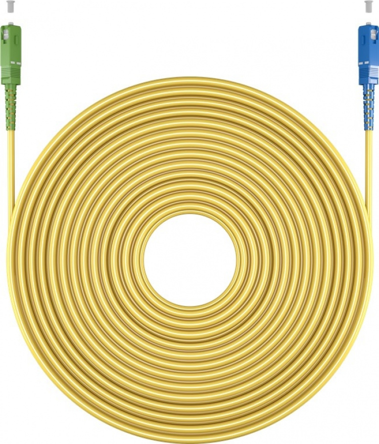 Goobay Glasvezelkabel (FTTH), Singlemode (OS2) Yellow, geel (Simplex), 5 m optische vezel, SC-APC (8°) stekker > SC-UPC-stekker, halogeenvrije kabelmantel (LSZH)