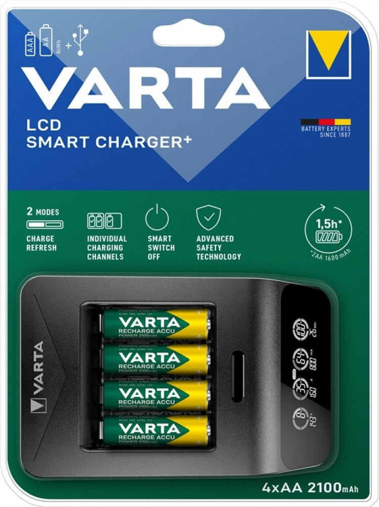 Varta LCD Smart Charger+ (type 57684) incl. 4x AA 2100 mAh laadt tegelijkertijd tot 4x AA-batterijen of AAA-batterijen (NiMH) op Varta LCD Smart Charger+ (type 57684) incl. 4x AA 2100 mAh laadt tegelijkertijd tot 4x AA-batterijen of AAA-batterijen (NiMH) op