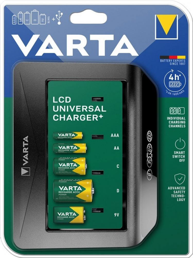 Varta LCD Universal Charger+ (type 57688) laadt 1x 9 V batterij of maximaal 4x AA batterijen, AAA batterijen, C of D batterijen (NiMH) tegelijk op
