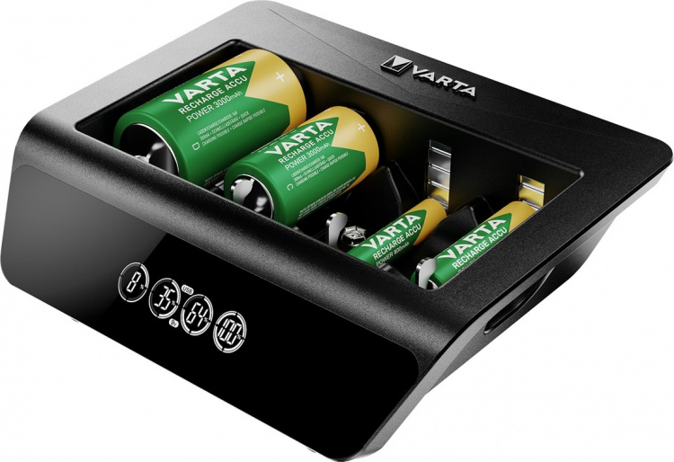 Varta LCD Universal Charger+ (type 57688) laadt 1x 9 V batterij of maximaal 4x AA batterijen, AAA batterijen, C of D batterijen (NiMH) tegelijk op