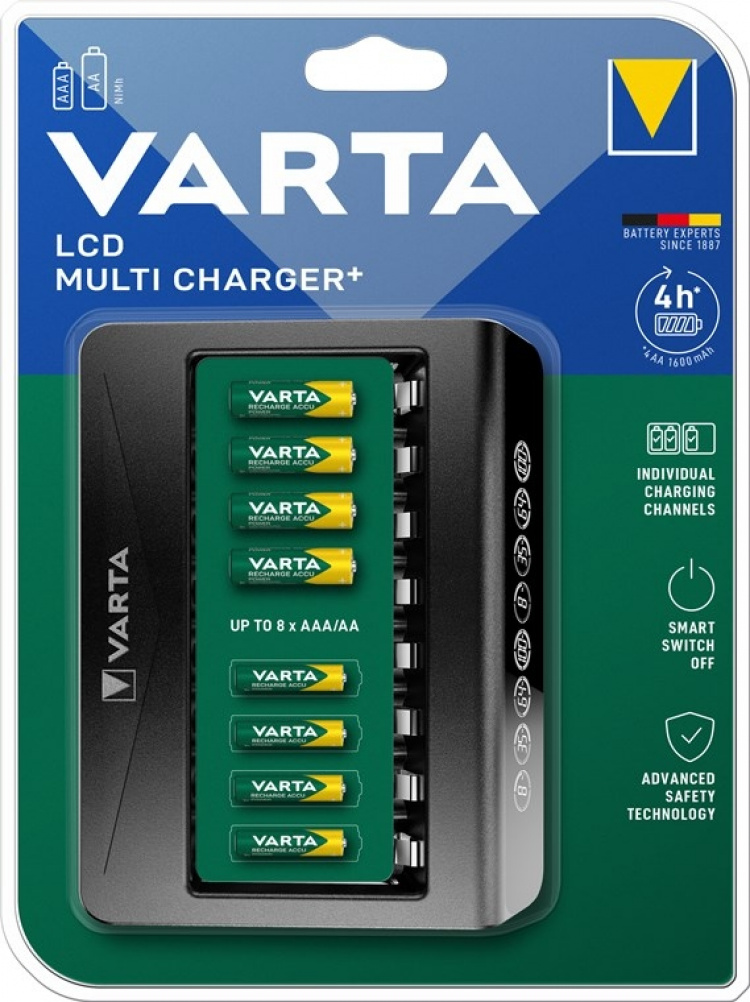 Varta LCD Multi Charger+ (type 57681) laadt tegelijkertijdtot 8x AA- of AAA-batterijen (NiMH) op
