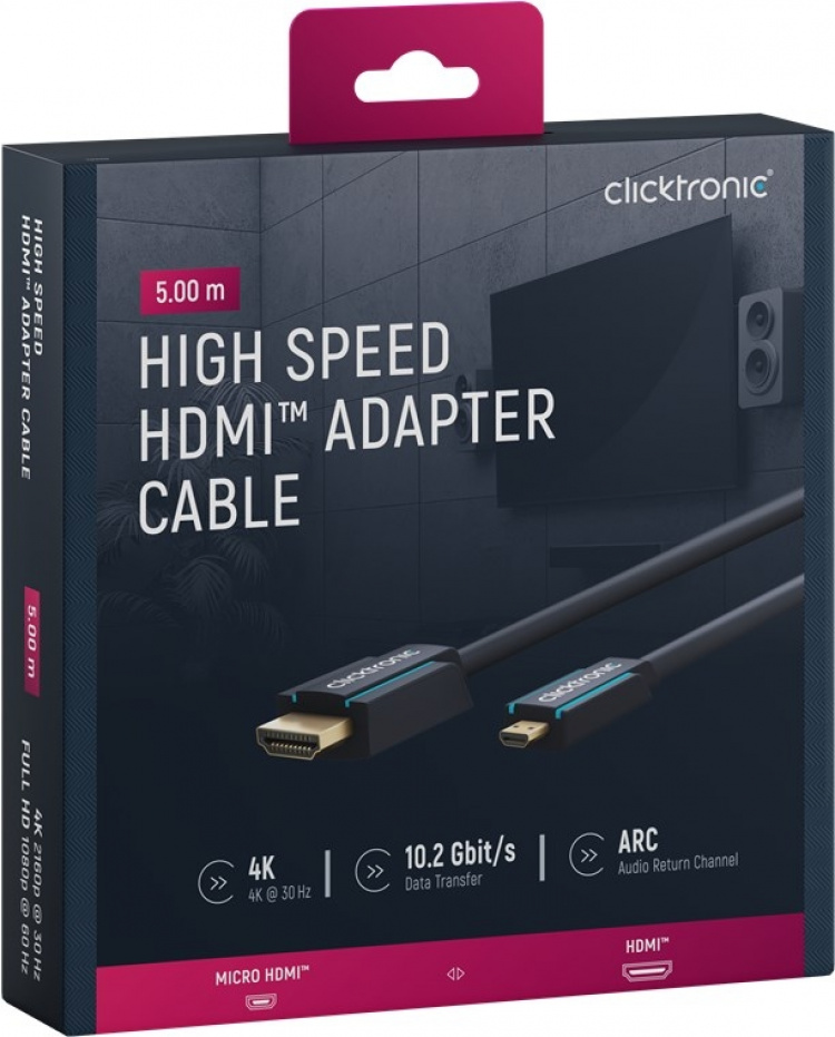 ClickTronic HDMI™ naar Micro HDMI™ adapterkabel Premium kabel | 1x HDMI™ stekker 1x Micro-HDMI™ stekker | 5,0 m | UHD 4K @ 30 Hz ClickTronic HDMI™ naar Micro HDMI™ adapterkabel Premium kabel | 1x HDMI™ stekker 1x Micro-HDMI™ stekker | 5,0 m | UHD 4K @ 30 Hz