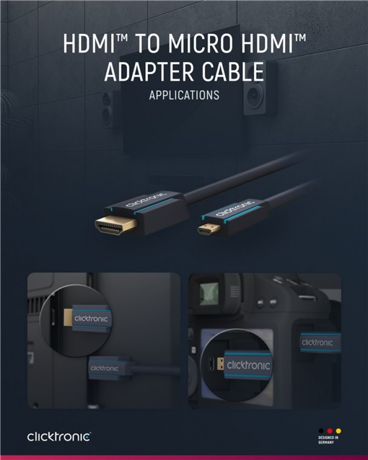ClickTronic HDMI™ naar Micro HDMI™ adapterkabel Premium kabel | 1x HDMI™ stekker 1x Micro-HDMI™ stekker | 5,0 m | UHD 4K @ 30 Hz ClickTronic HDMI™ naar Micro HDMI™ adapterkabel Premium kabel | 1x HDMI™ stekker 1x Micro-HDMI™ stekker | 5,0 m | UHD 4K @ 30 Hz