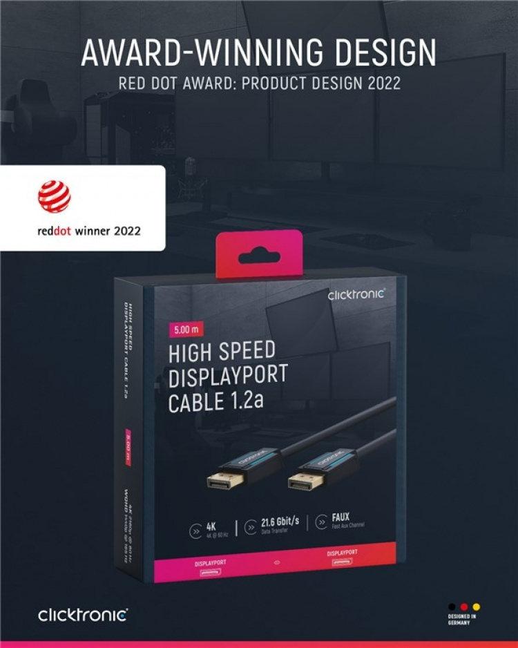 ClickTronic DisplayPort™-kabel Premium kabel | 1x DisplayPort™ stekker 1x DisplayPort™ stekker | 5,0 m | UHD 4K @ 60 Hz ClickTronic DisplayPort™-kabel Premium kabel | 1x DisplayPort™ stekker 1x DisplayPort™ stekker | 5,0 m | UHD 4K @ 60 Hz